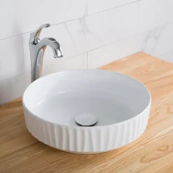 KRAUS Viva Round White Porcelain Ceramic Vessel Bathroom Sink with Pop-Up Drain, 15 3/4D x 4 3/4H