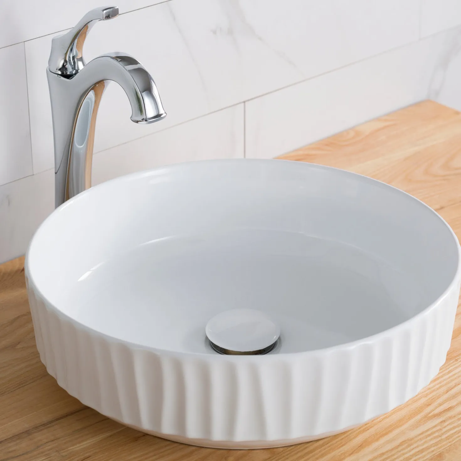 KRAUS Viva Round White Porcelain Ceramic Vessel Bathroom Sink with Pop-Up Drain, 15 3/4D x 4 3/4H