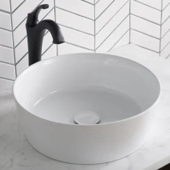 KRAUS Viva Round White Porcelain Ceramic Vessel Bathroom Sink with Pop-Up Drain, 15 3/4D x 5 3/8H