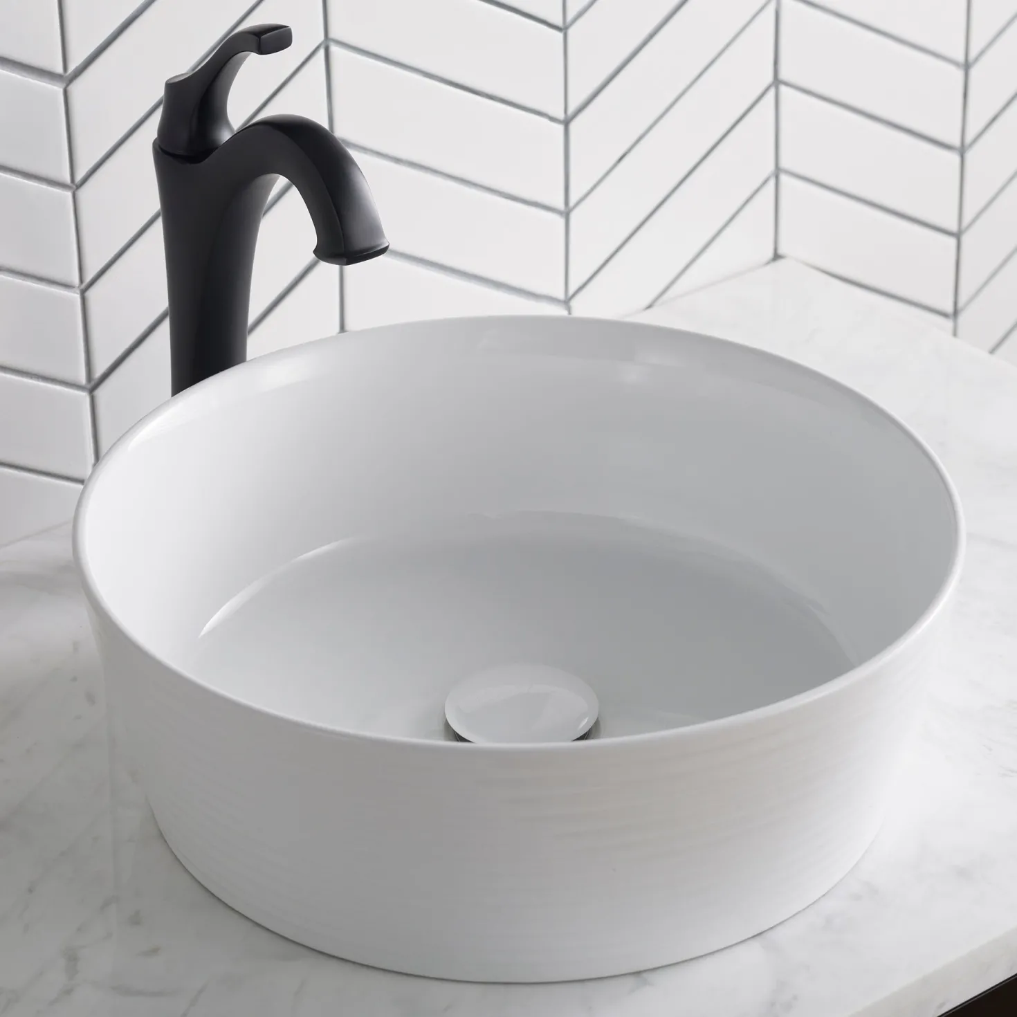 KRAUS Viva Round White Porcelain Ceramic Vessel Bathroom Sink with Pop-Up Drain, 15 3/4D x 5 3/8H