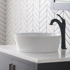 KRAUS Viva Round White Porcelain Ceramic Vessel Bathroom Sink with Pop-Up Drain, 15 3/4D x 5 3/8H