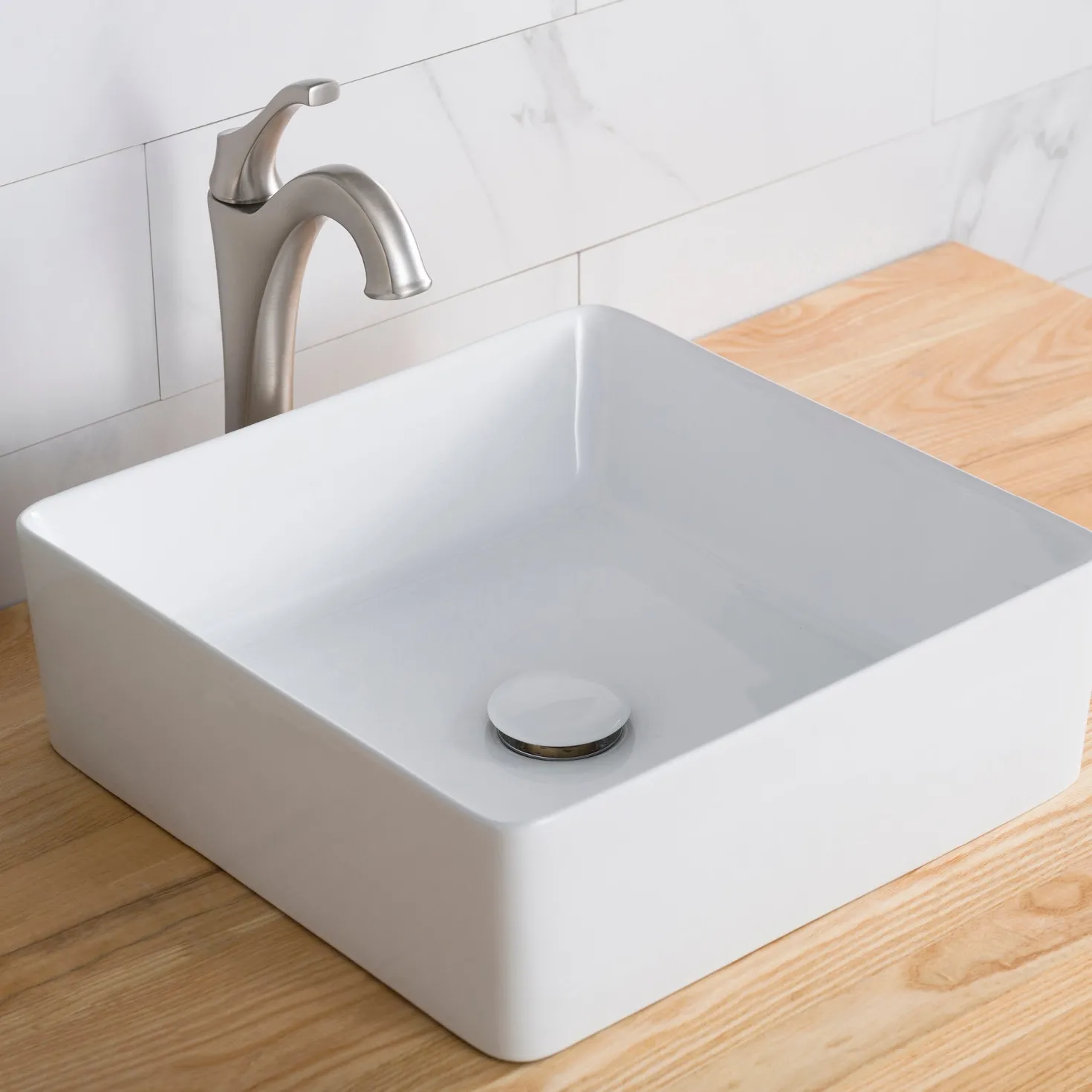 KRAUS Viva Square White Porcelain Ceramic Vessel Bathroom Sink with Pop-Up Drain, 15 5/8L x 15 5/8W x 5 1/8H