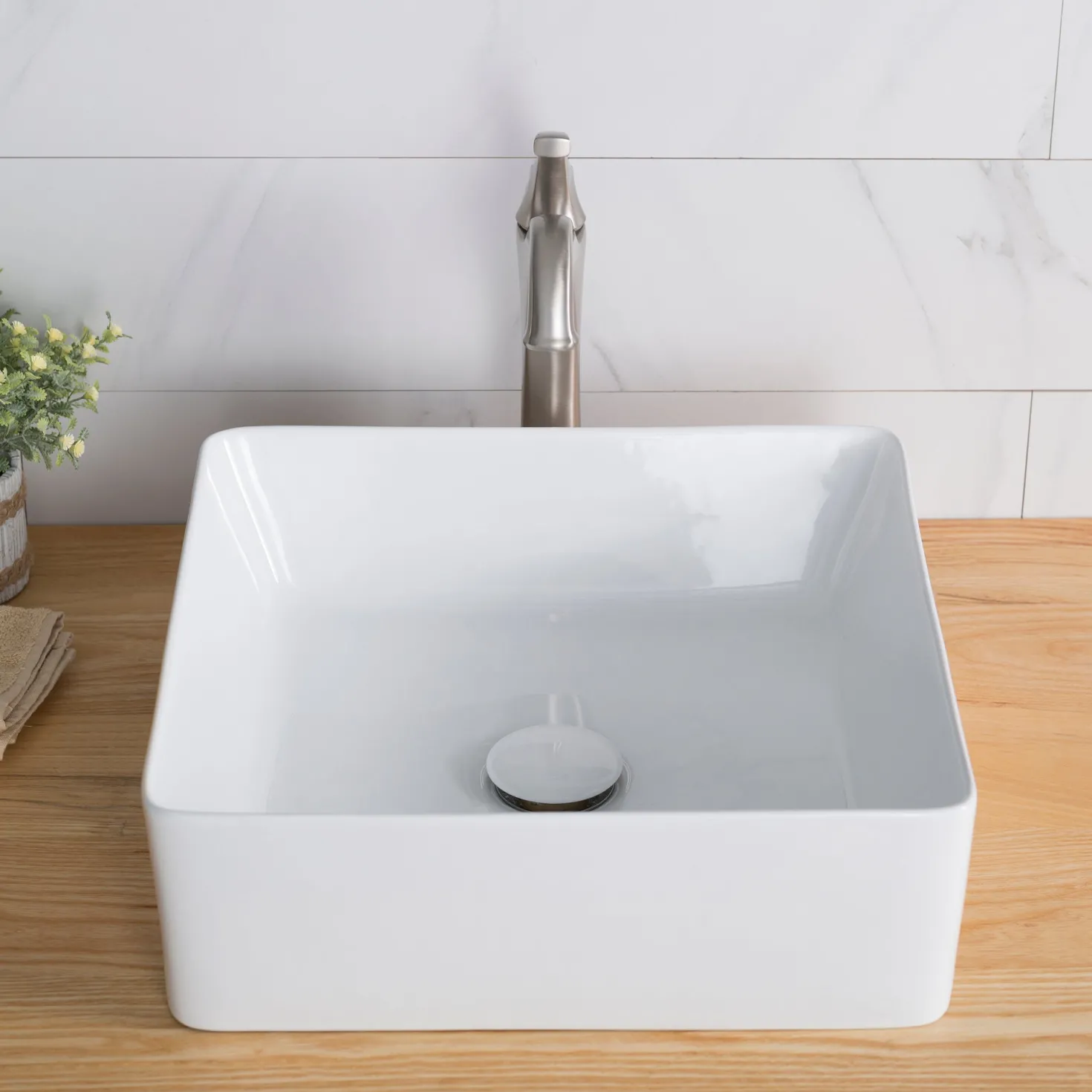 KRAUS Viva Square White Porcelain Ceramic Vessel Bathroom Sink with Pop-Up Drain, 15 5/8L x 15 5/8W x 5 1/8H