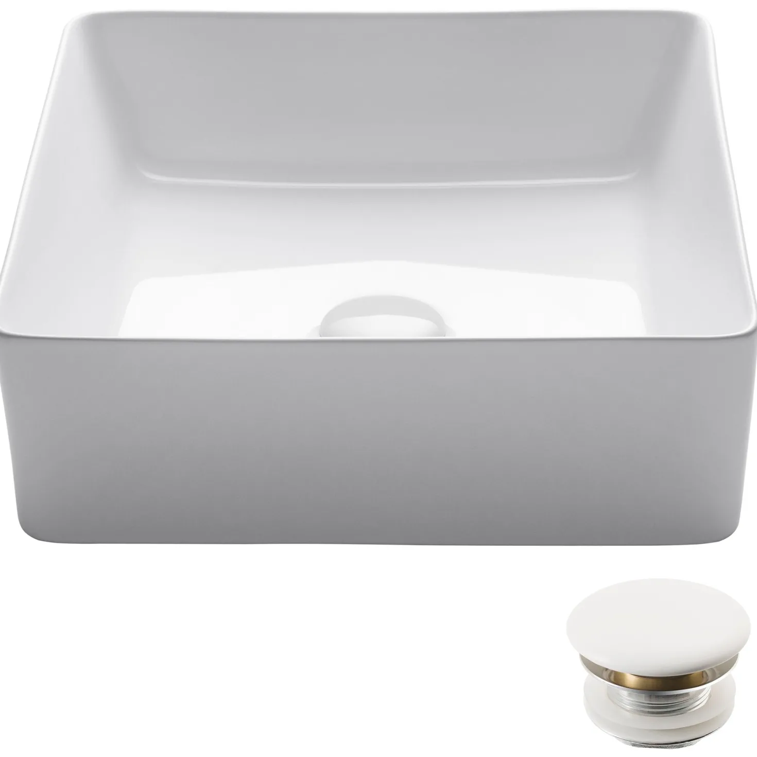 KRAUS Viva Square White Porcelain Ceramic Vessel Bathroom Sink with Pop-Up Drain, 15 5/8L x 15 5/8W x 5 1/8H