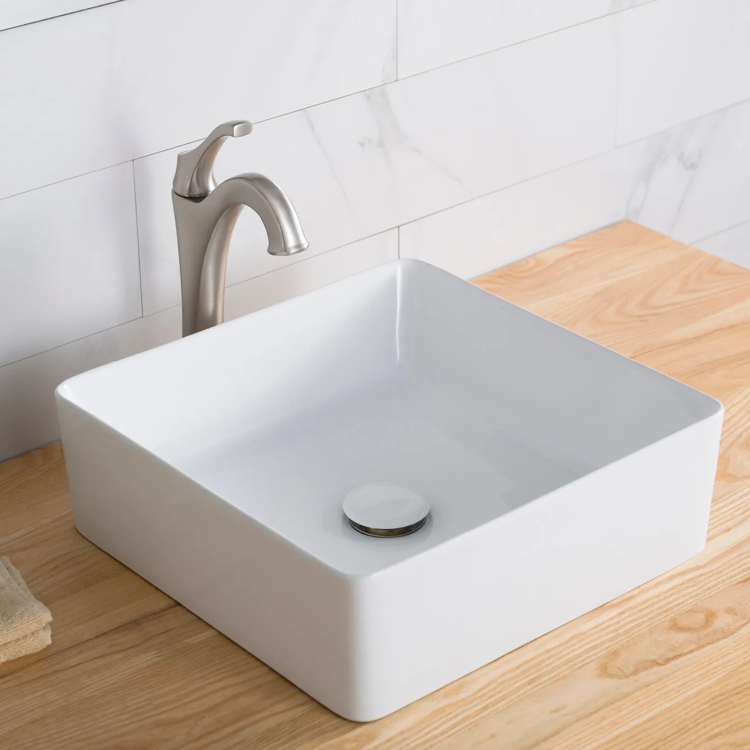 KRAUS Viva Square White Porcelain Ceramic Vessel Bathroom Sink with Pop-Up Drain, 15 5/8L x 15 5/8W x 5 1/8H