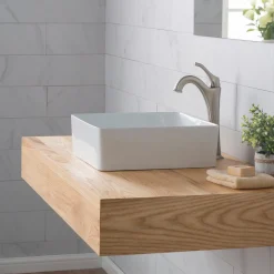 KRAUS Viva Square White Porcelain Ceramic Vessel Bathroom Sink with Pop-Up Drain, 15 5/8L x 15 5/8W x 5 1/8H
