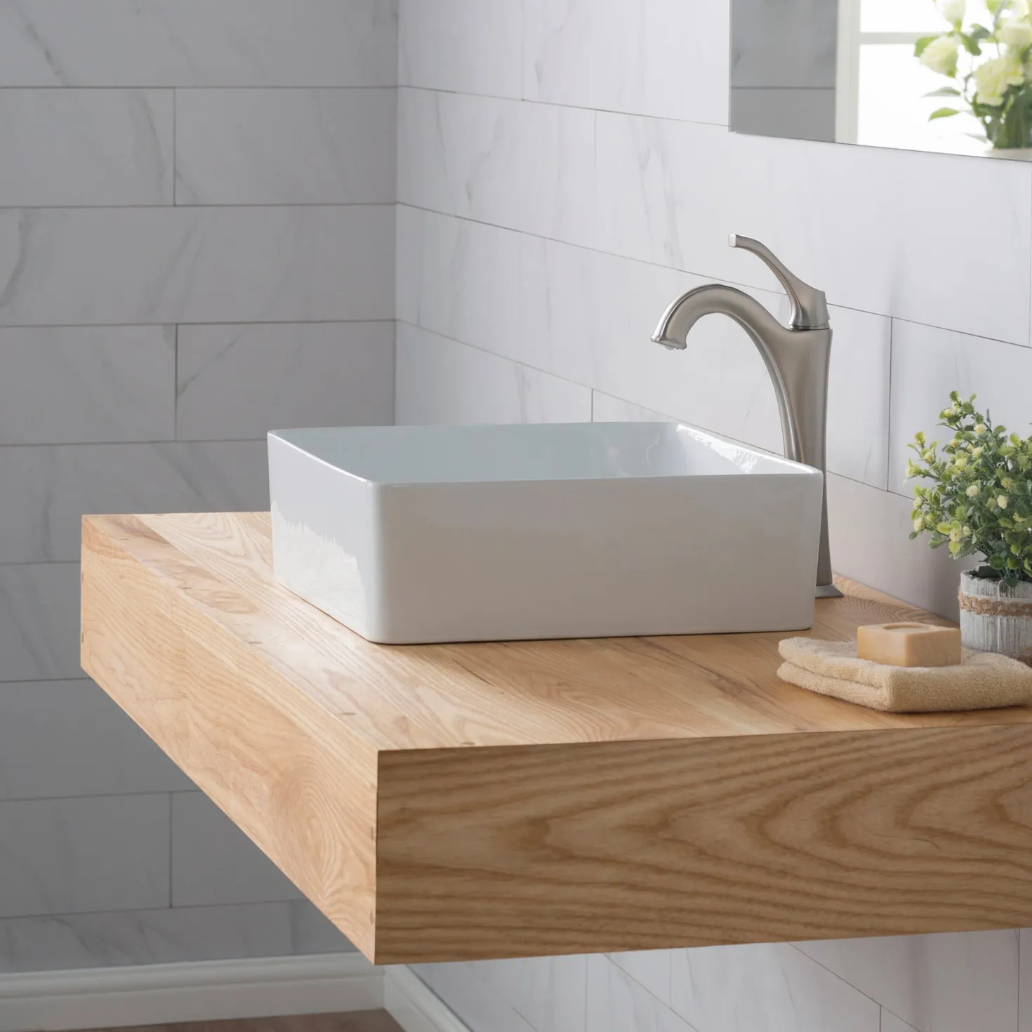 KRAUS Viva Square White Porcelain Ceramic Vessel Bathroom Sink with Pop-Up Drain, 15 5/8L x 15 5/8W x 5 1/8H
