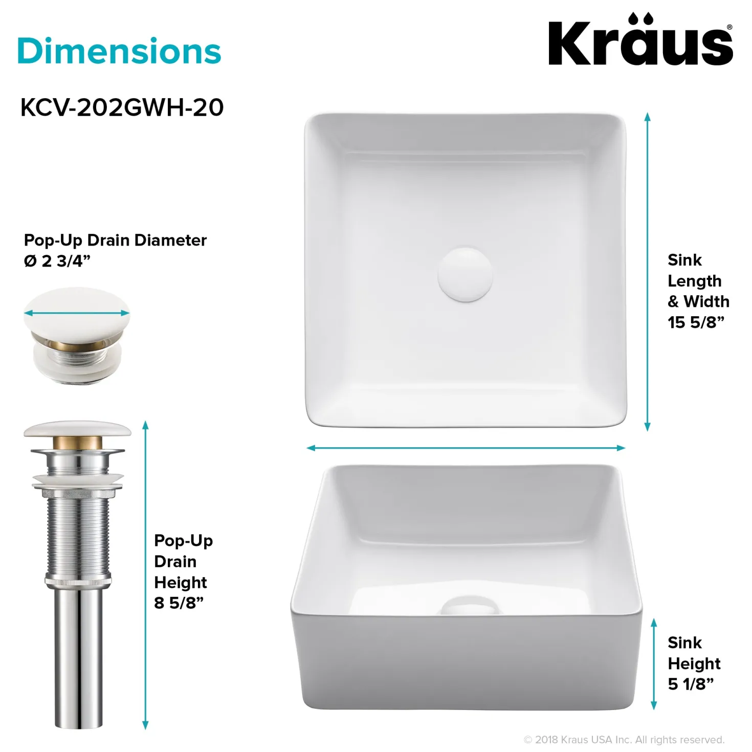 KRAUS Viva Square White Porcelain Ceramic Vessel Bathroom Sink with Pop-Up Drain, 15 5/8L x 15 5/8W x 5 1/8H