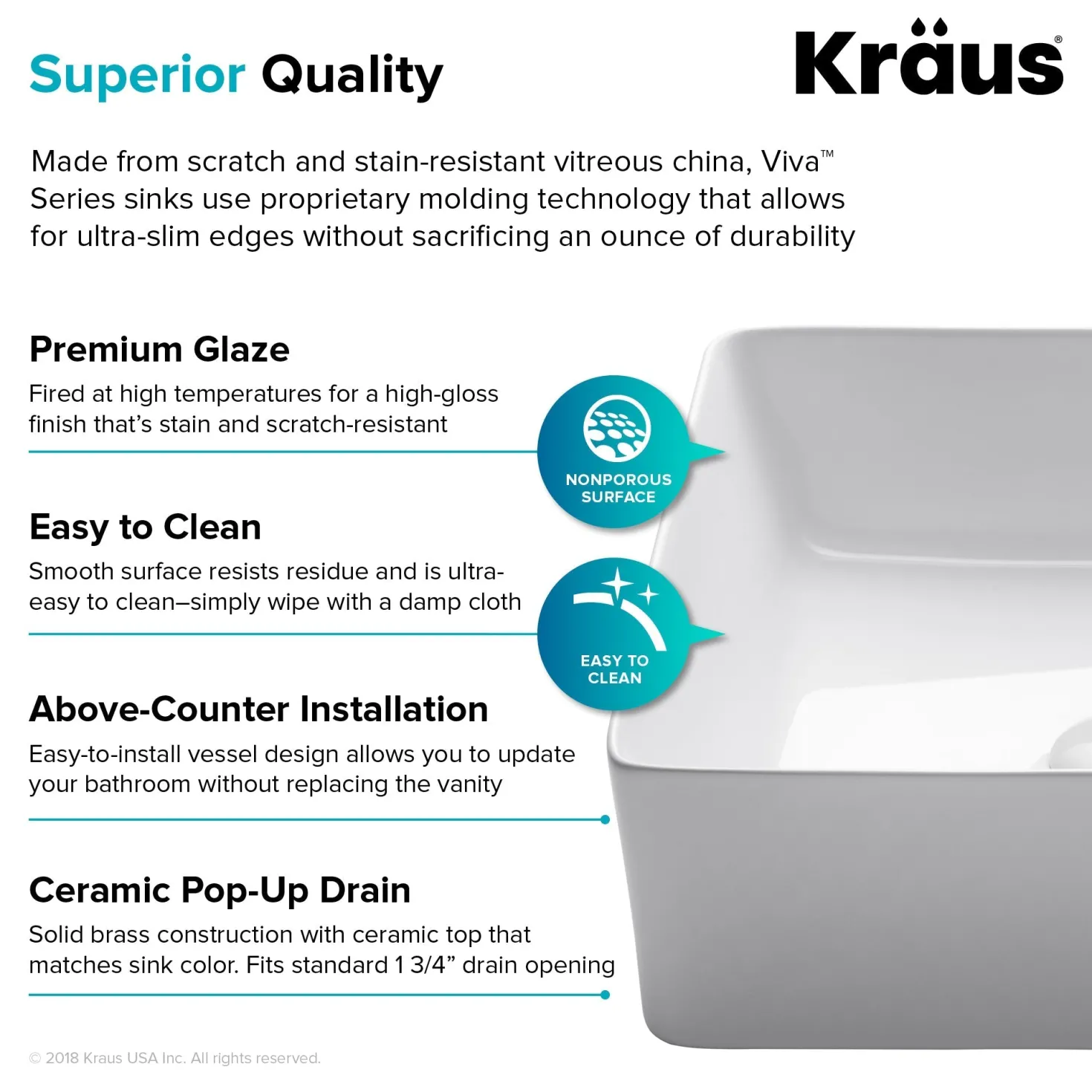 KRAUS Viva Square White Porcelain Ceramic Vessel Bathroom Sink with Pop-Up Drain, 15 5/8L x 15 5/8W x 5 1/8H