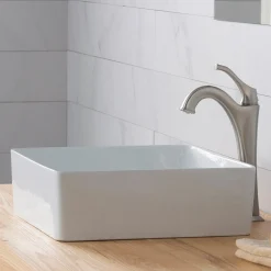 KRAUS Viva Square White Porcelain Ceramic Vessel Bathroom Sink with Pop-Up Drain, 15 5/8L x 15 5/8W x 5 1/8H