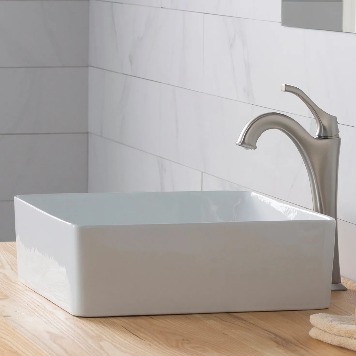 KRAUS Viva Square White Porcelain Ceramic Vessel Bathroom Sink with Pop-Up Drain, 15 5/8L x 15 5/8W x 5 1/8H