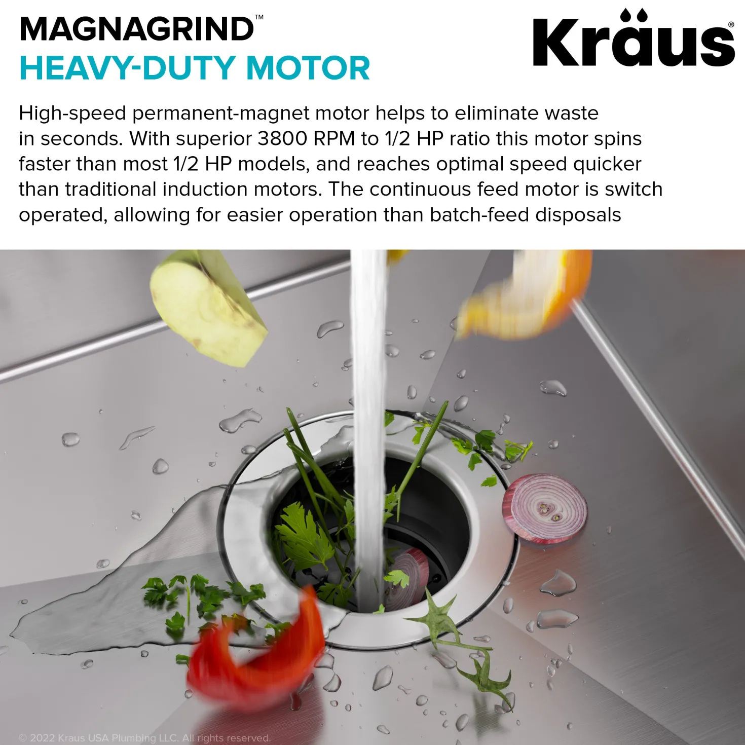 KRAUS WasteGuard High-Speed 1/2 HP Continuous Feed Ultra-Quiet Motor Garbage Disposal