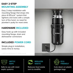 KRAUS WasteGuard High-Speed 1/2 HP Continuous Feed Ultra-Quiet Motor Garbage Disposal