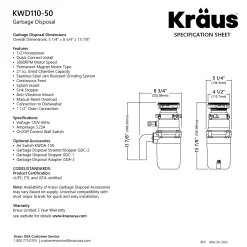 KRAUS WasteGuard High-Speed 1/2 HP Continuous Feed Ultra-Quiet Motor Garbage Disposal
