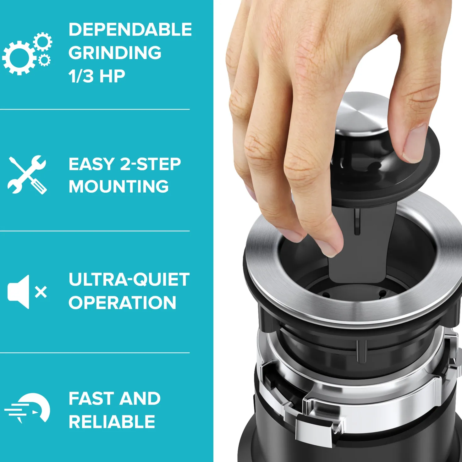 KRAUS WasteGuard High-Speed 1/3 HP Continuous Feed Ultra-Quiet Motor Garbage Disposal