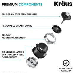 KRAUS WasteGuard High-Speed 1/3 HP Continuous Feed Ultra-Quiet Motor Garbage Disposal