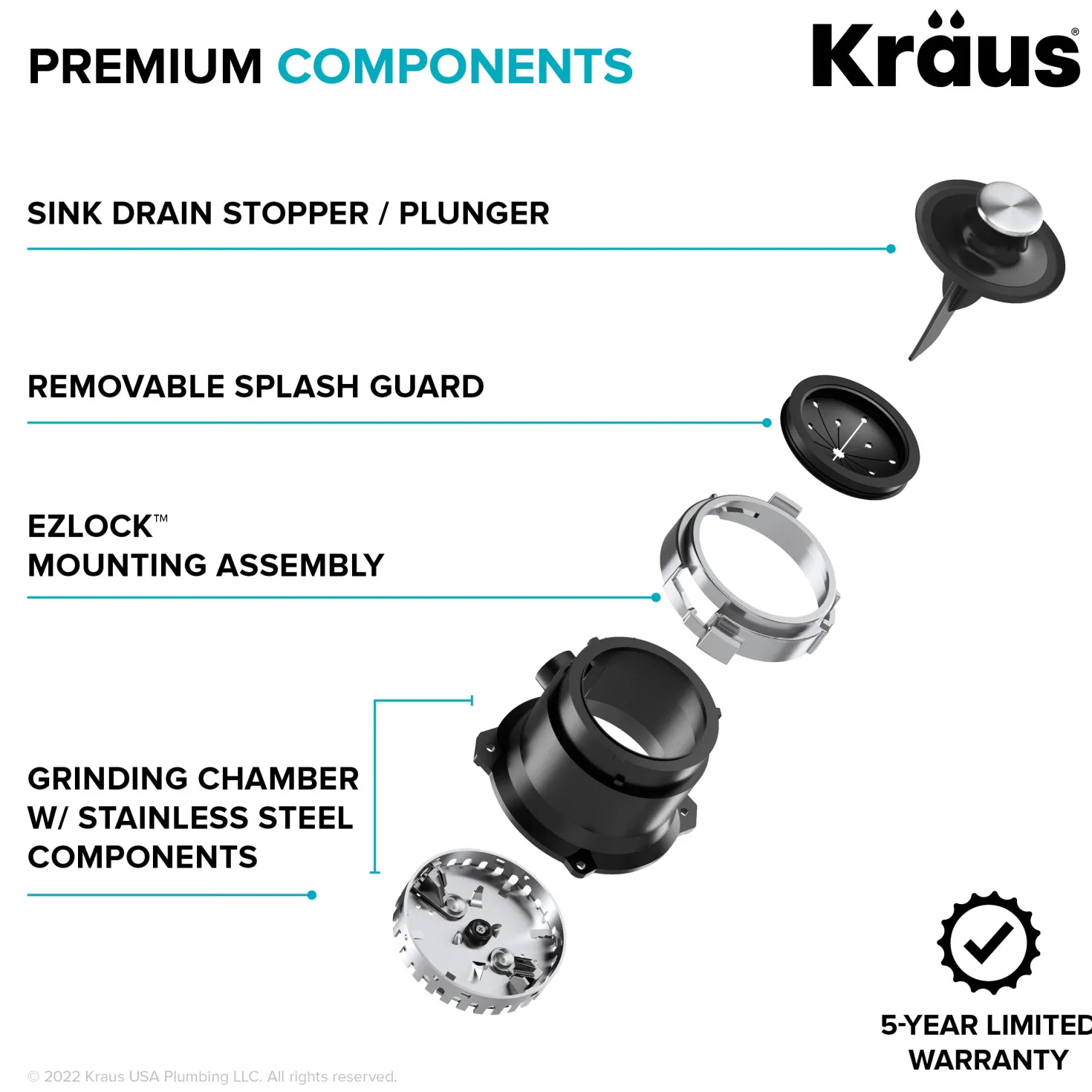 KRAUS WasteGuard High-Speed 1/3 HP Continuous Feed Ultra-Quiet Motor Garbage Disposal