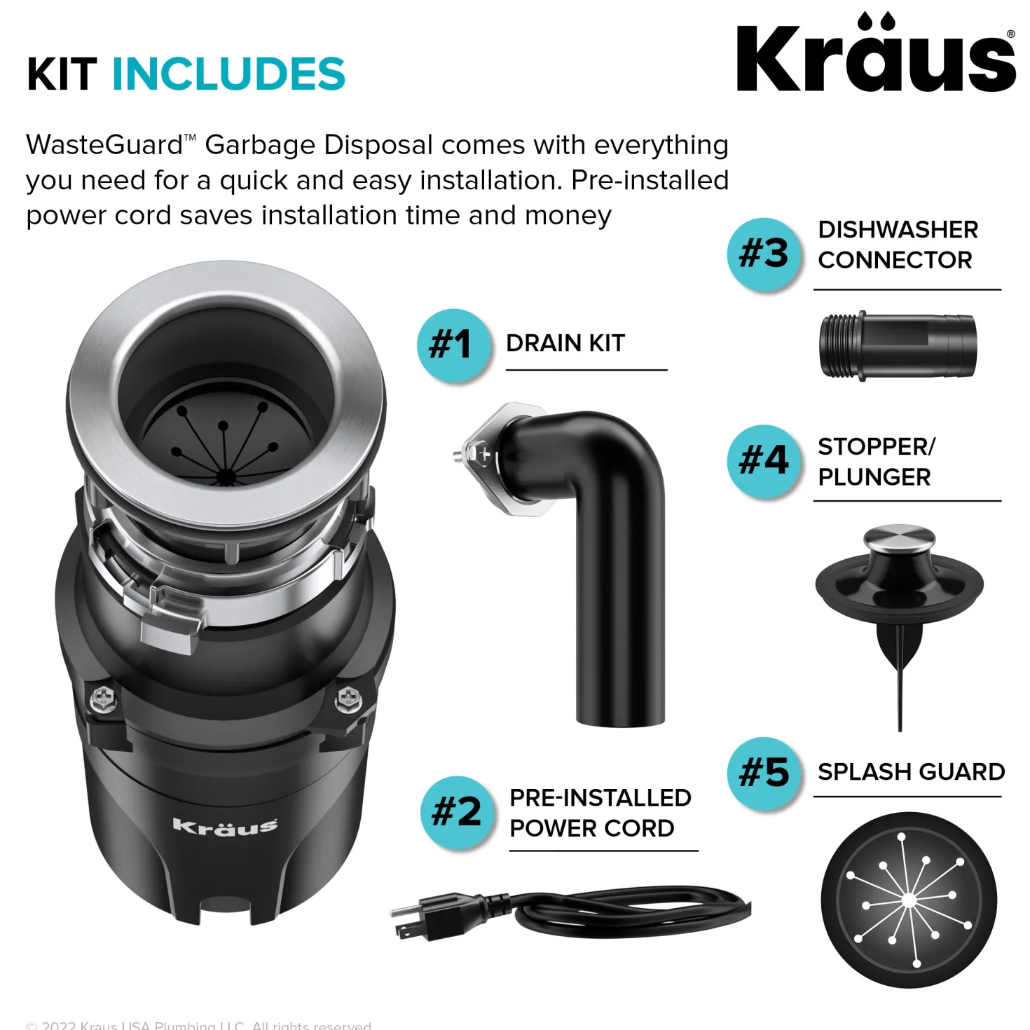 KRAUS WasteGuard High-Speed 1/3 HP Continuous Feed Ultra-Quiet Motor Garbage Disposal