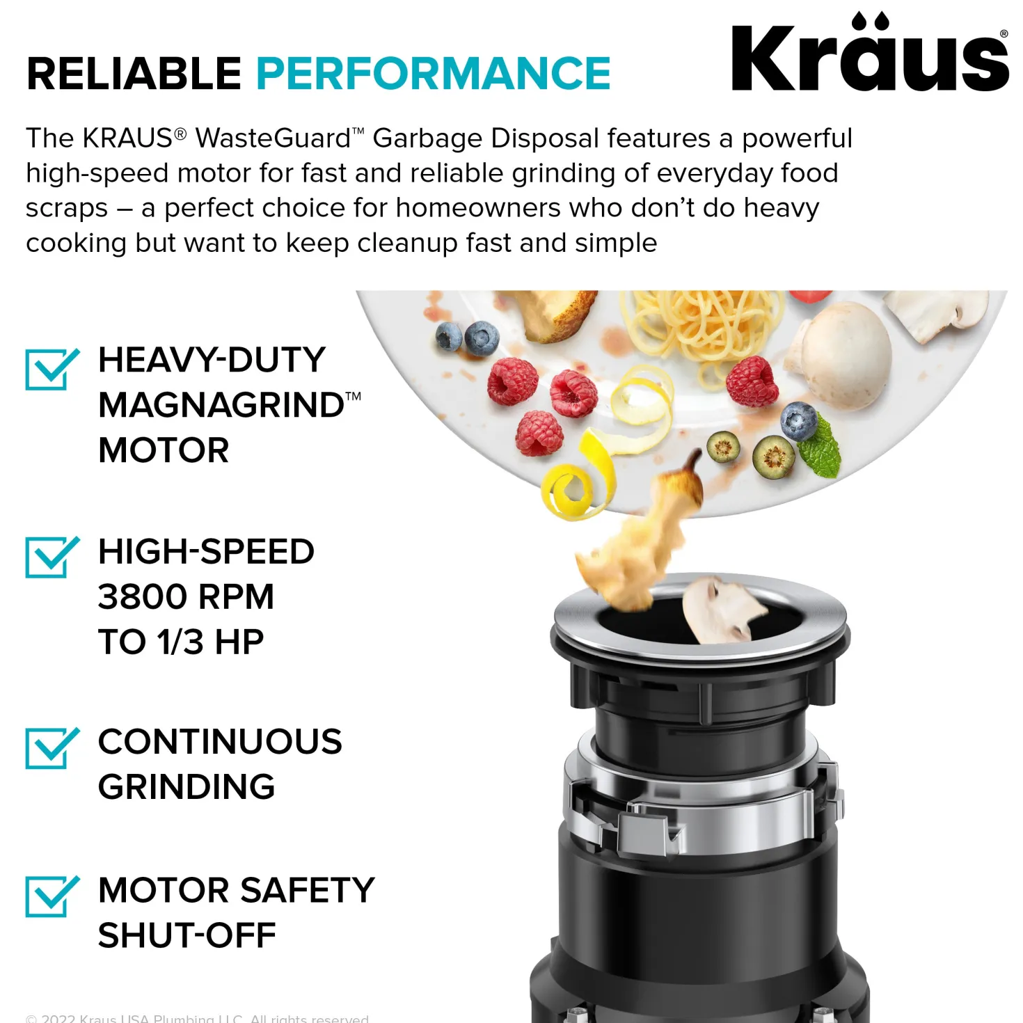 KRAUS WasteGuard High-Speed 1/3 HP Continuous Feed Ultra-Quiet Motor Garbage Disposal