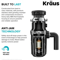 KRAUS WasteGuard High-Speed 1/3 HP Continuous Feed Ultra-Quiet Motor Garbage Disposal