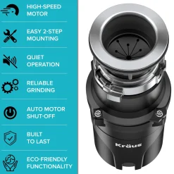 KRAUS WasteGuard High-Speed 1/3 HP Continuous Feed Ultra-Quiet Motor Garbage Disposal