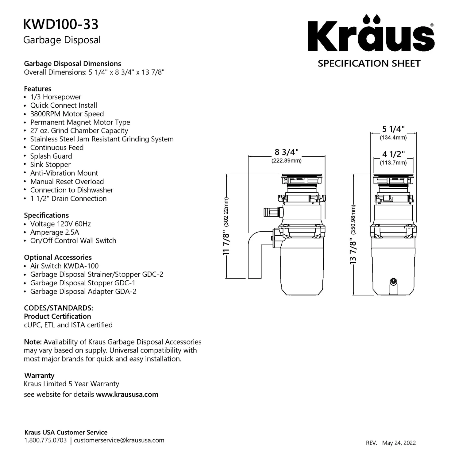 KRAUS WasteGuard High-Speed 1/3 HP Continuous Feed Ultra-Quiet Motor Garbage Disposal