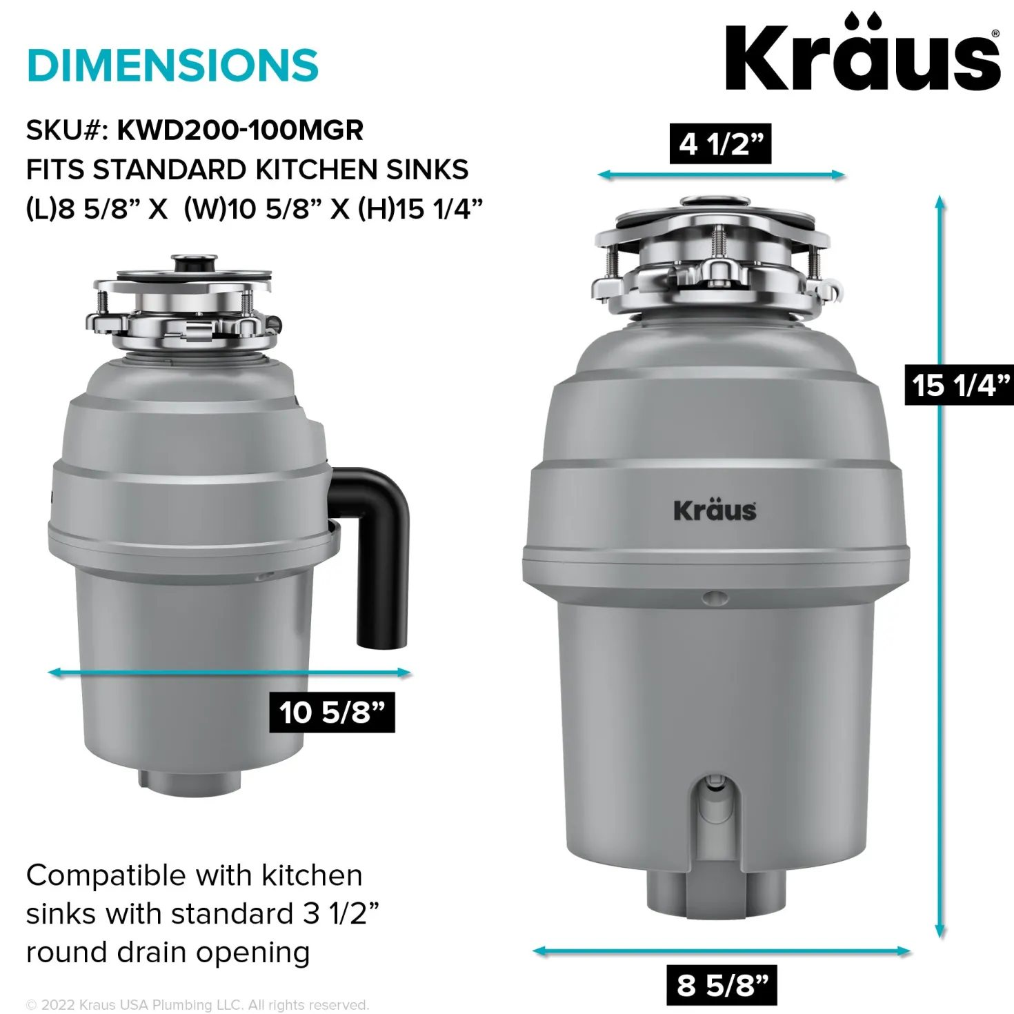 KRAUS WasteGuard High-Speed 1 HP Continuous Feed Ultra-Quie Garbage Disposal with Power Cord - Flange Included