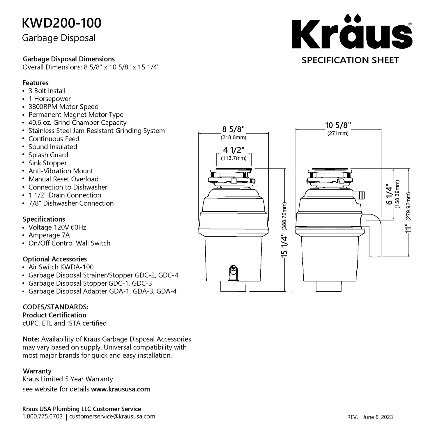 KRAUS WasteGuard High-Speed 1 HP Continuous Feed Ultra-Quie Garbage Disposal with Power Cord - Flange Included