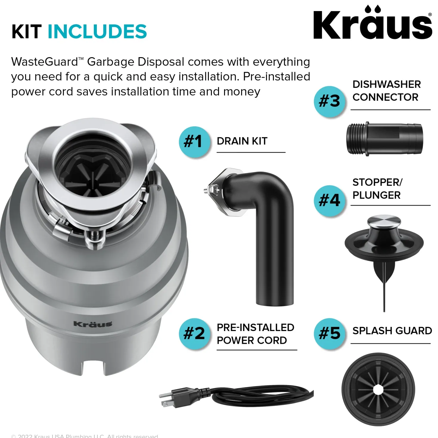 KRAUS WasteGuard High-Speed 1 HP Continuous Feed Ultra-Quie Garbage Disposal with Power Cord - Flange Included