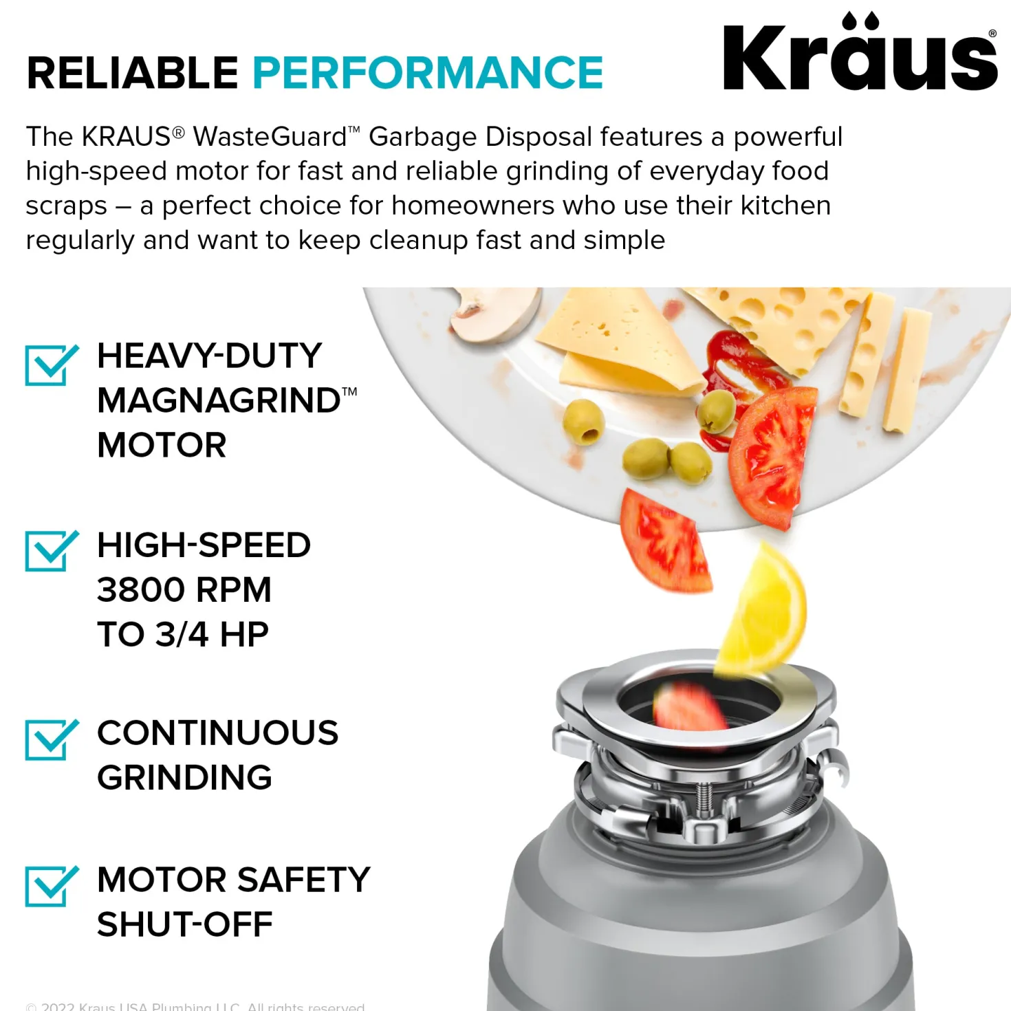 KRAUS WasteGuard High-Speed 3/4 HP Continuous Feed Ultra-Quiet Garbage Disposal with Power Cord - Flange Included