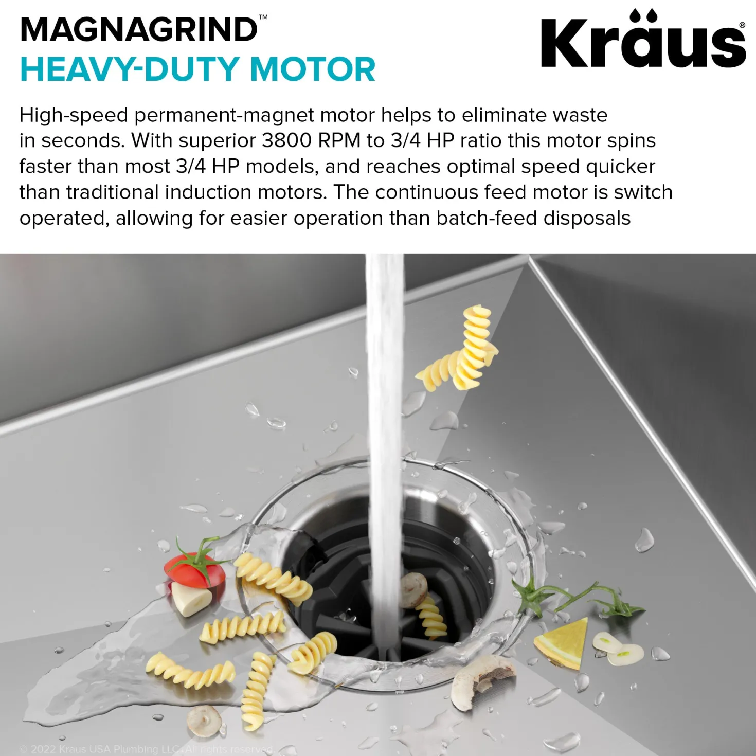 KRAUS WasteGuard High-Speed 3/4 HP Continuous Feed Ultra-Quiet Garbage Disposal with Power Cord - Flange Included
