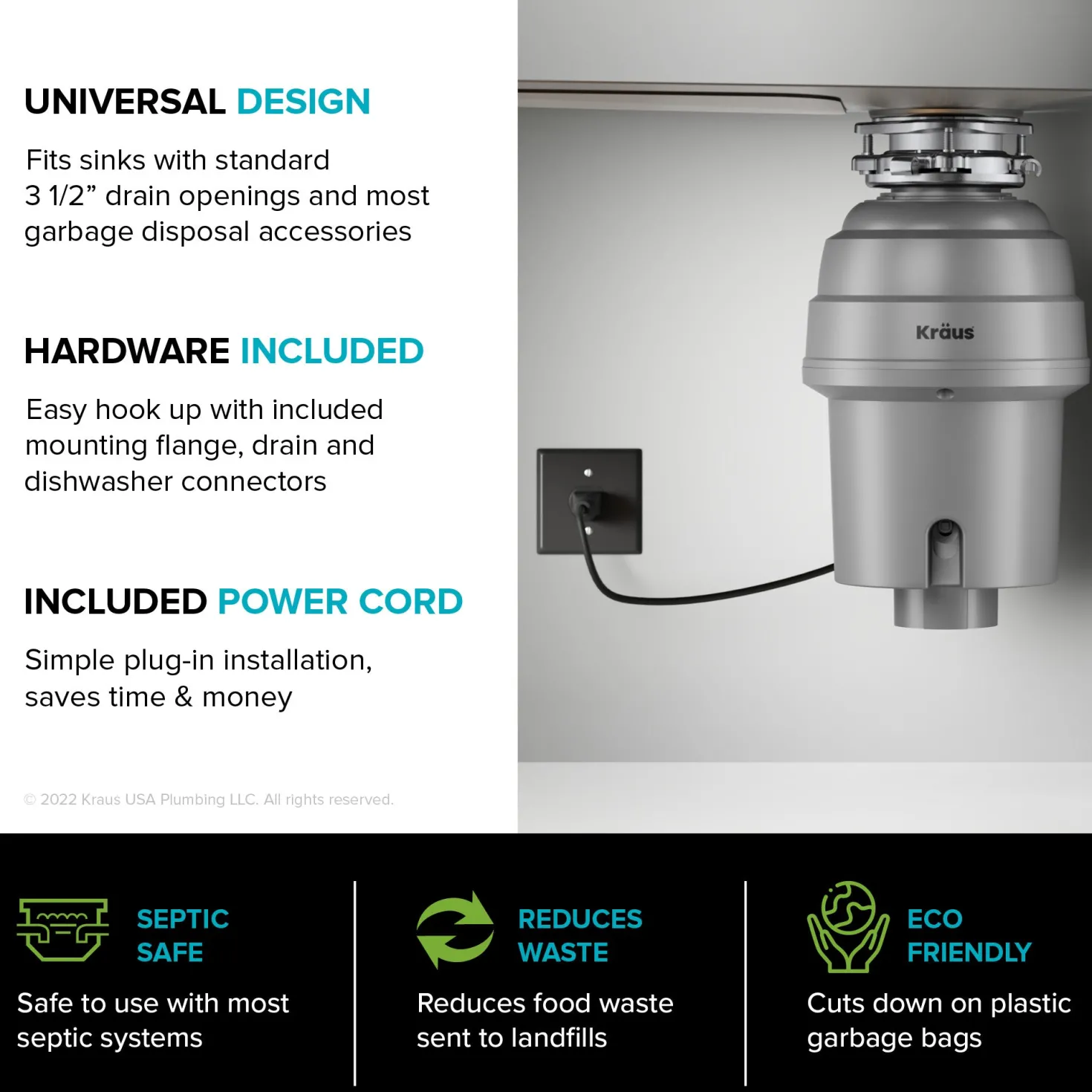 KRAUS WasteGuard High-Speed 3/4 HP Continuous Feed Ultra-Quiet Garbage Disposal with Power Cord - Flange Included