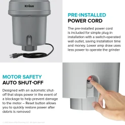 KRAUS WasteGuard High-Speed 3/4 HP Continuous Feed Ultra-Quiet Garbage Disposal with Power Cord - Flange Included