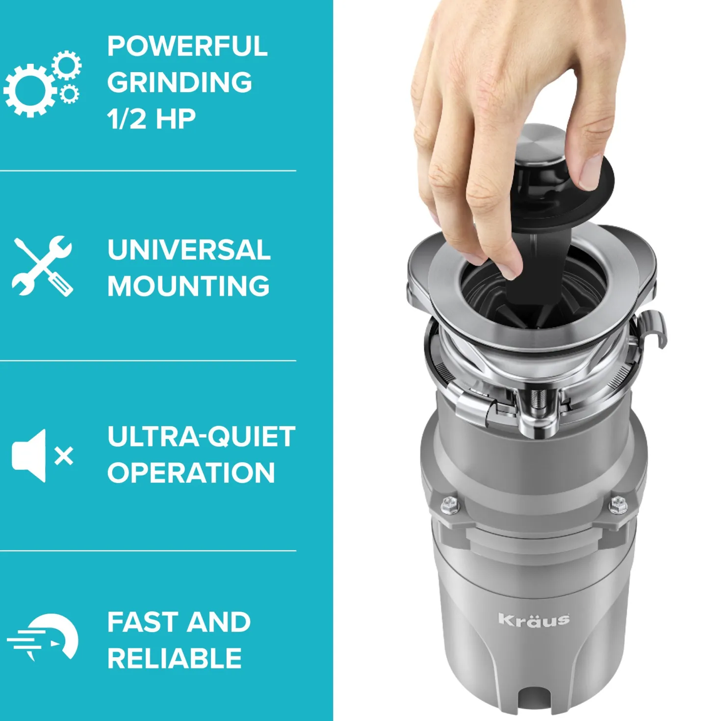KRAUS WasteGuard High-Speed Ultra Quiet 1/2 HP Continuous Feed Garbage Disposal