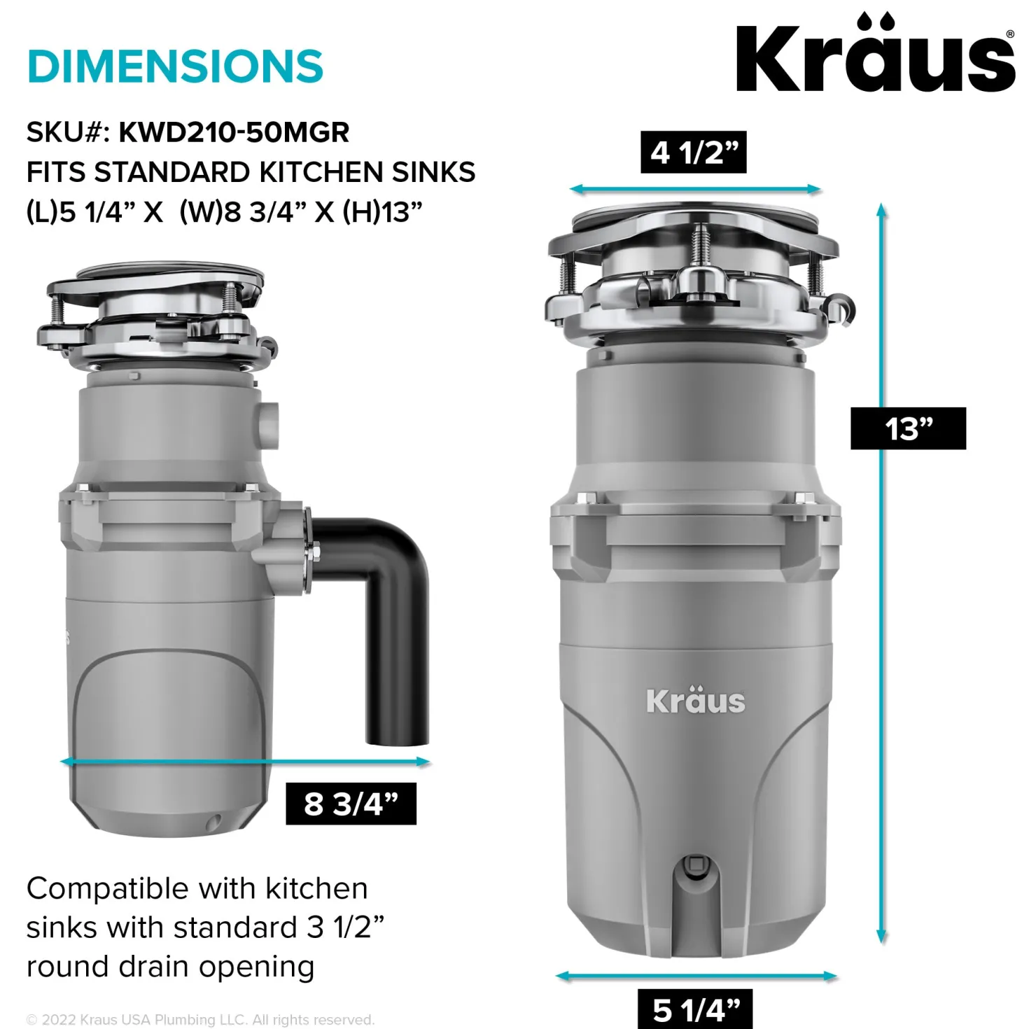 KRAUS WasteGuard High-Speed Ultra Quiet 1/2 HP Continuous Feed Garbage Disposal