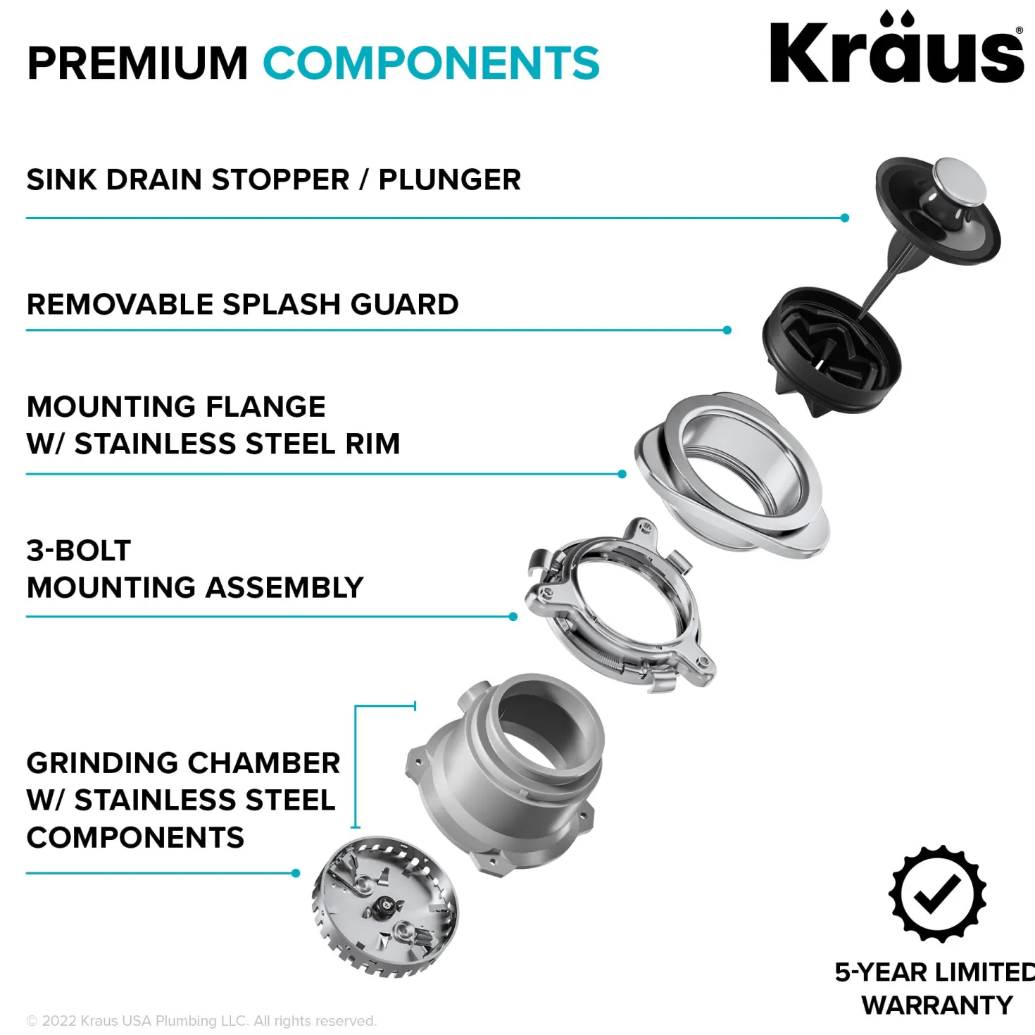 KRAUS WasteGuard High-Speed Ultra Quiet 1/2 HP Continuous Feed Garbage Disposal