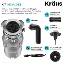 KRAUS WasteGuard High-Speed Ultra Quiet 1/2 HP Continuous Feed Garbage Disposal