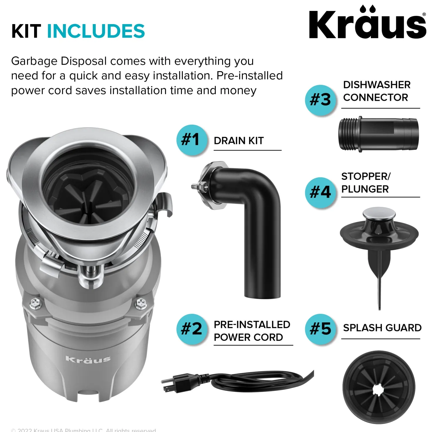 KRAUS WasteGuard High-Speed Ultra Quiet 1/2 HP Continuous Feed Garbage Disposal