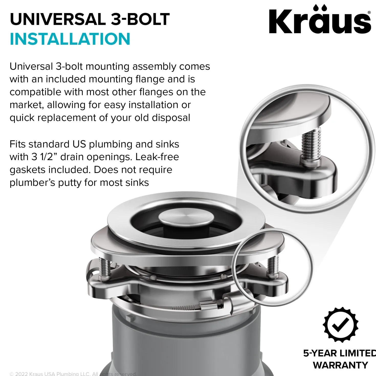 KRAUS WasteGuard High-Speed Ultra Quiet 1/2 HP Continuous Feed Garbage Disposal