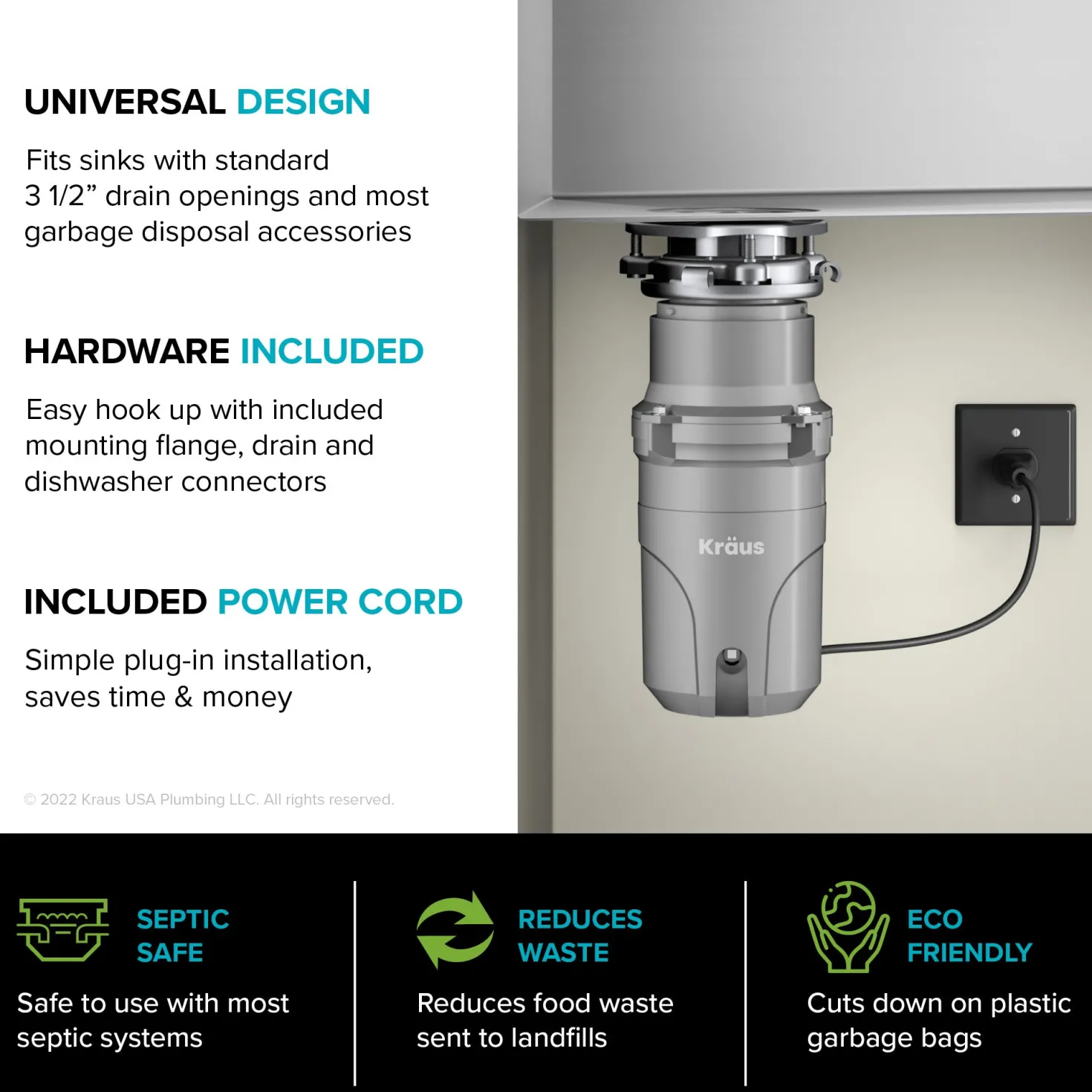 KRAUS WasteGuard High-Speed Ultra Quiet 1/2 HP Continuous Feed Garbage Disposal