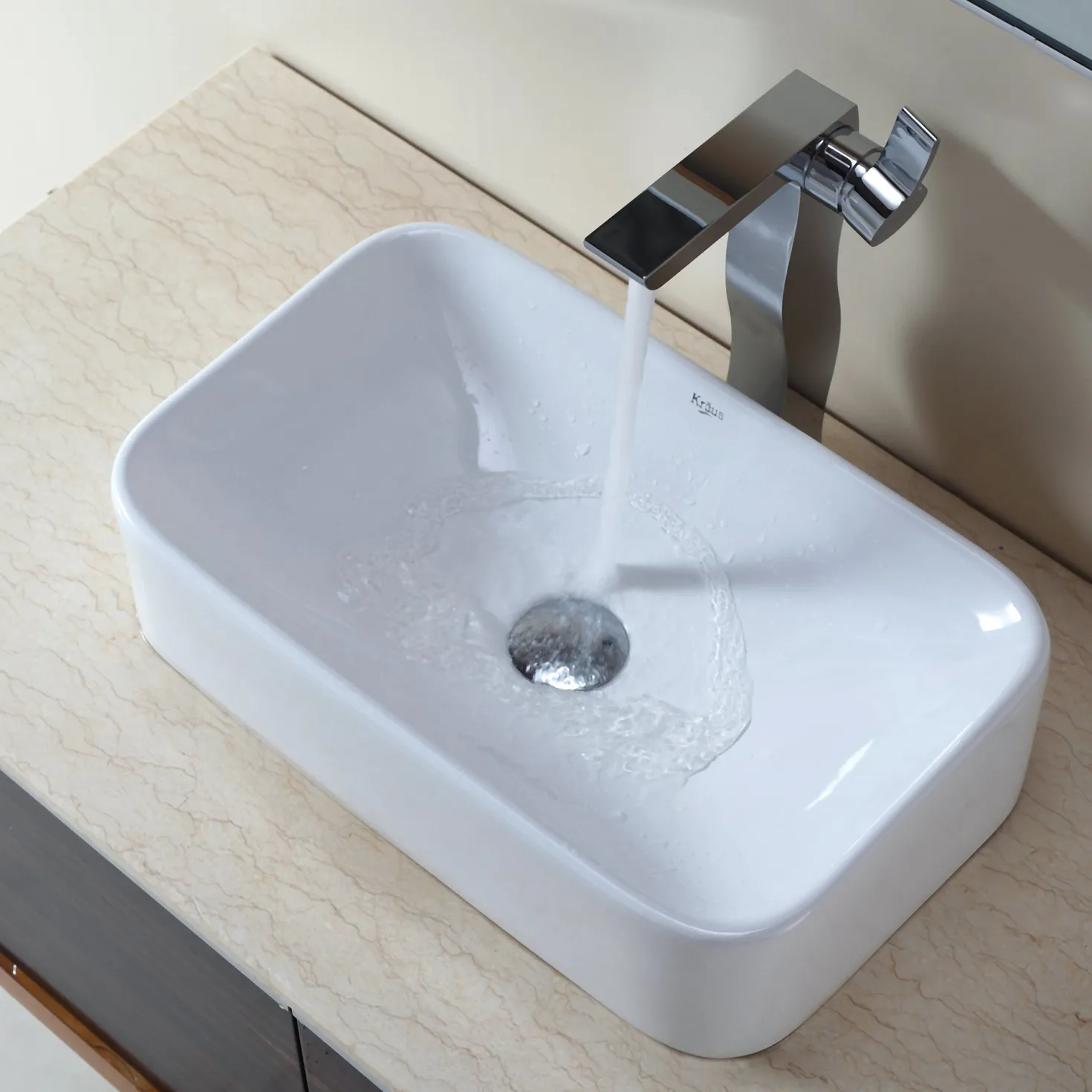 KRAUS White Rectangular Ceramic Bathroom Sink with Pop Up Drain