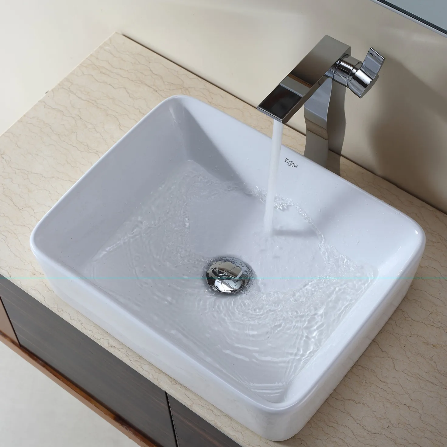 KRAUS White Rectangular Ceramic Bathroom Sink with Pop Up Drain