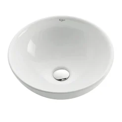 KRAUS White Round Ceramic Bathroom Sink with Pop Up Drain