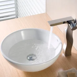 KRAUS White Round Ceramic Bathroom Sink with Pop Up Drain