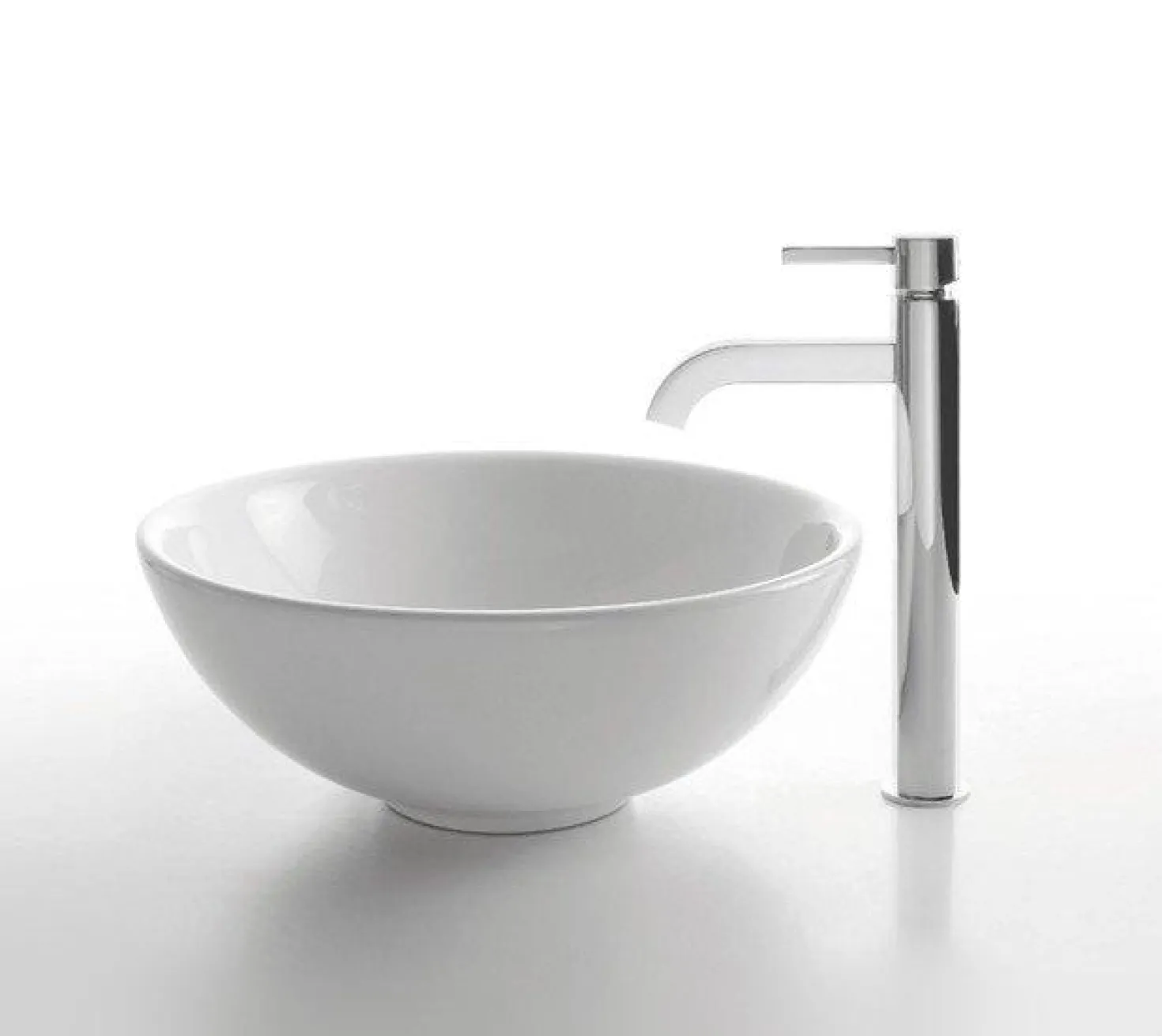 KRAUS White Round Ceramic Sink and Ramus Faucet