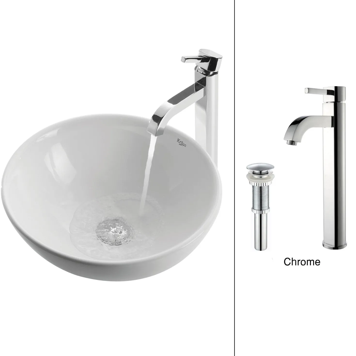 KRAUS White Round Ceramic Sink and Ramus Faucet