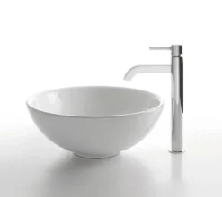 KRAUS White Round Ceramic Sink and Ramus Faucet