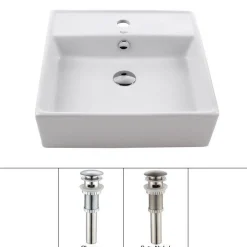 KRAUS White Square Ceramic Bathroom Sink and Pop Up Drain with Overflow