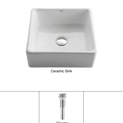 KRAUS White Square Ceramic Bathroom Sink with Pop Up Drain Chrome