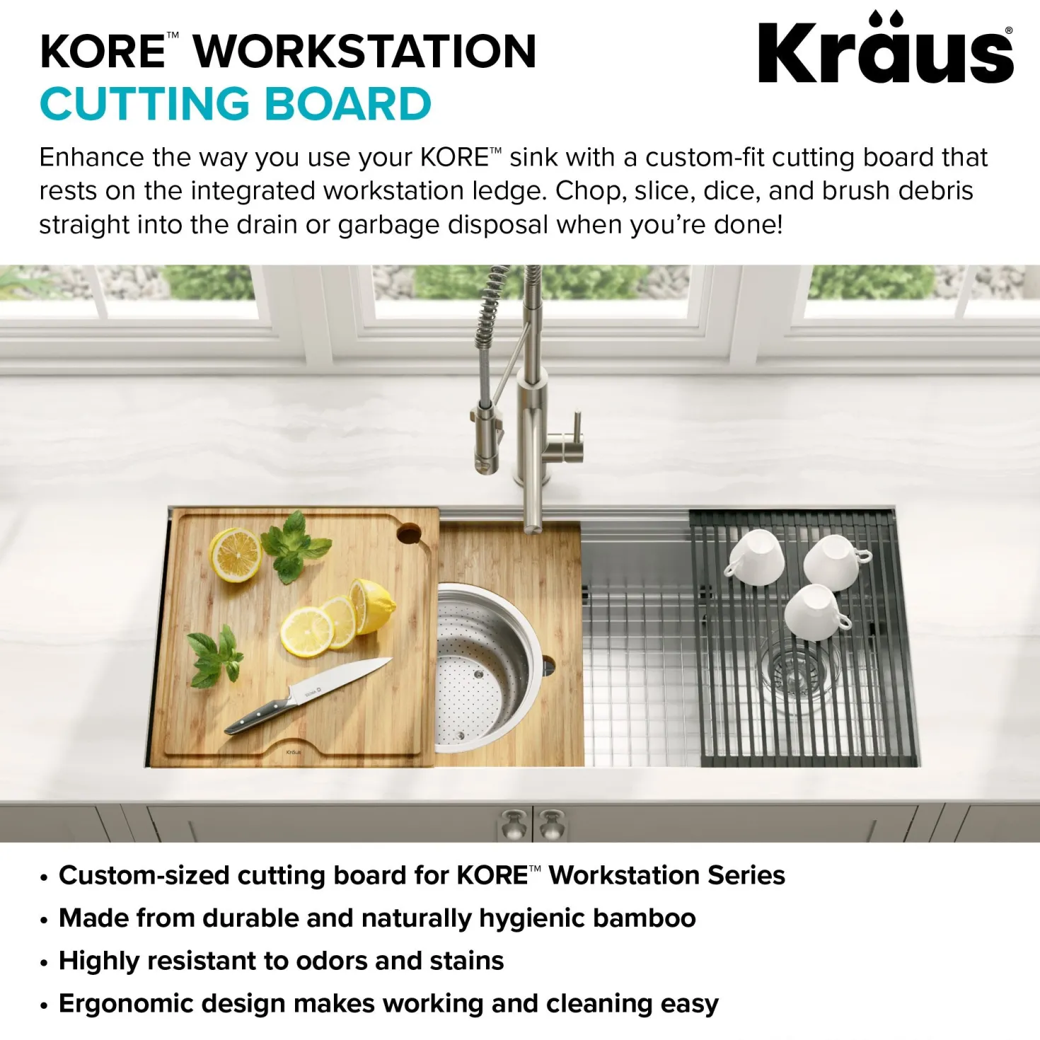 KRAUS Workstation Kitchen Sink 16" Solid Bamboo Cutting Board